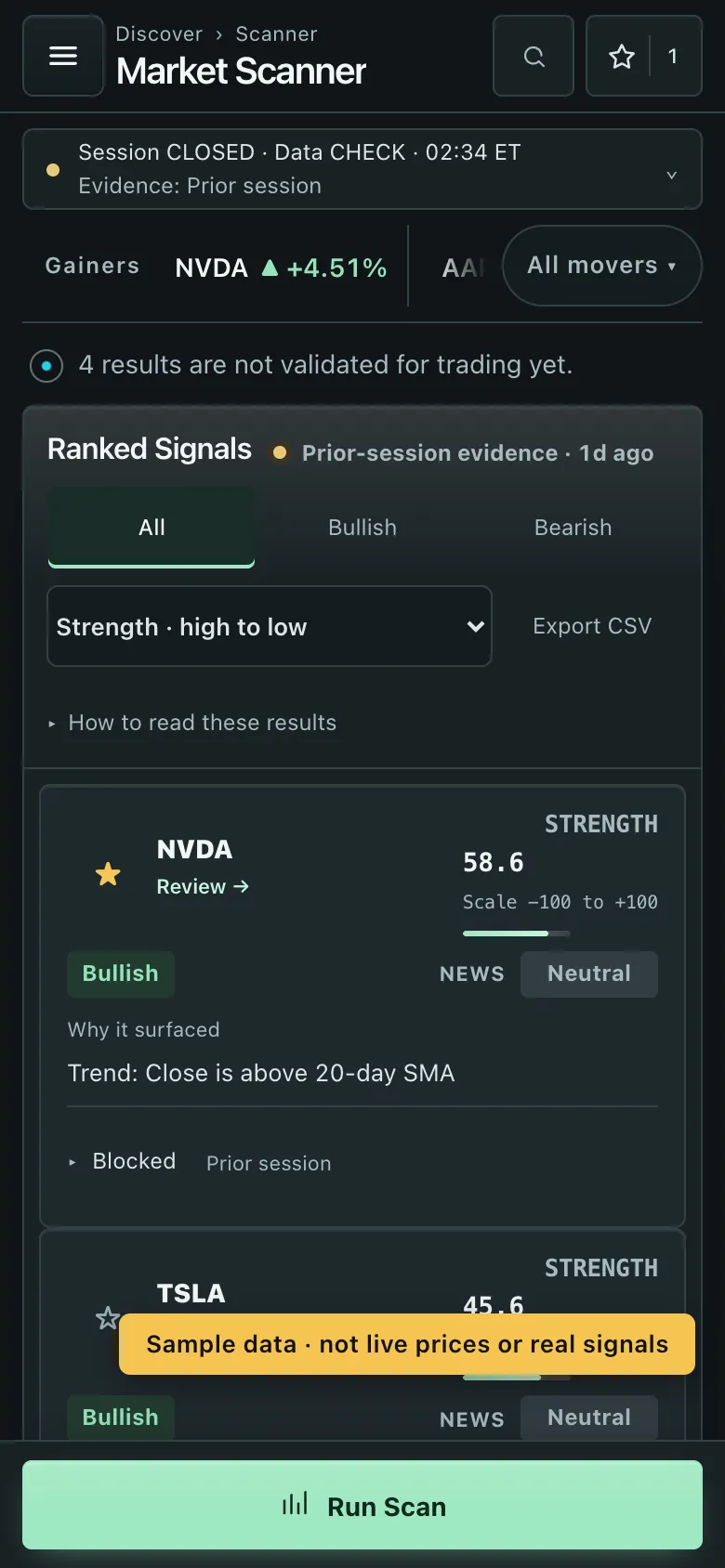 The scanner on a phone, with ranked results shown as cards: signal, strength and why each surfaced. Labelled sample data.